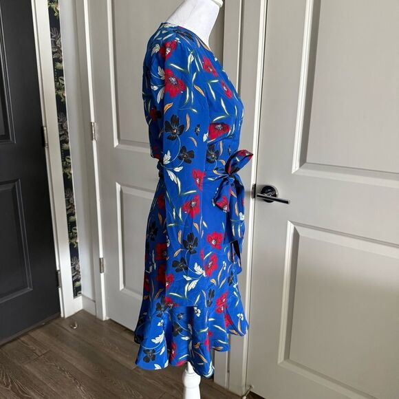 Intermix 100% Silk Blue Floral Long Sleeve Wrap Mini Dress Size XS - Picture 2 of 7
